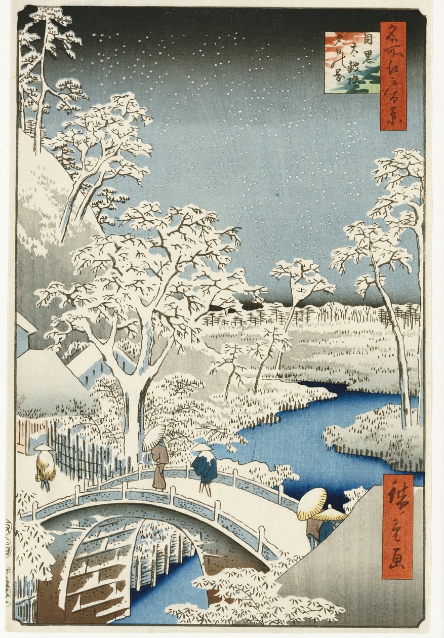 Dobhíd és a „Lenyugvó nap” dombja, Meguro, az „Edo híres helyeinek száz kilátása” című sorozatból, amely 1858 körül jelent meg alkotó: Ando or Utagawa Hiroshige