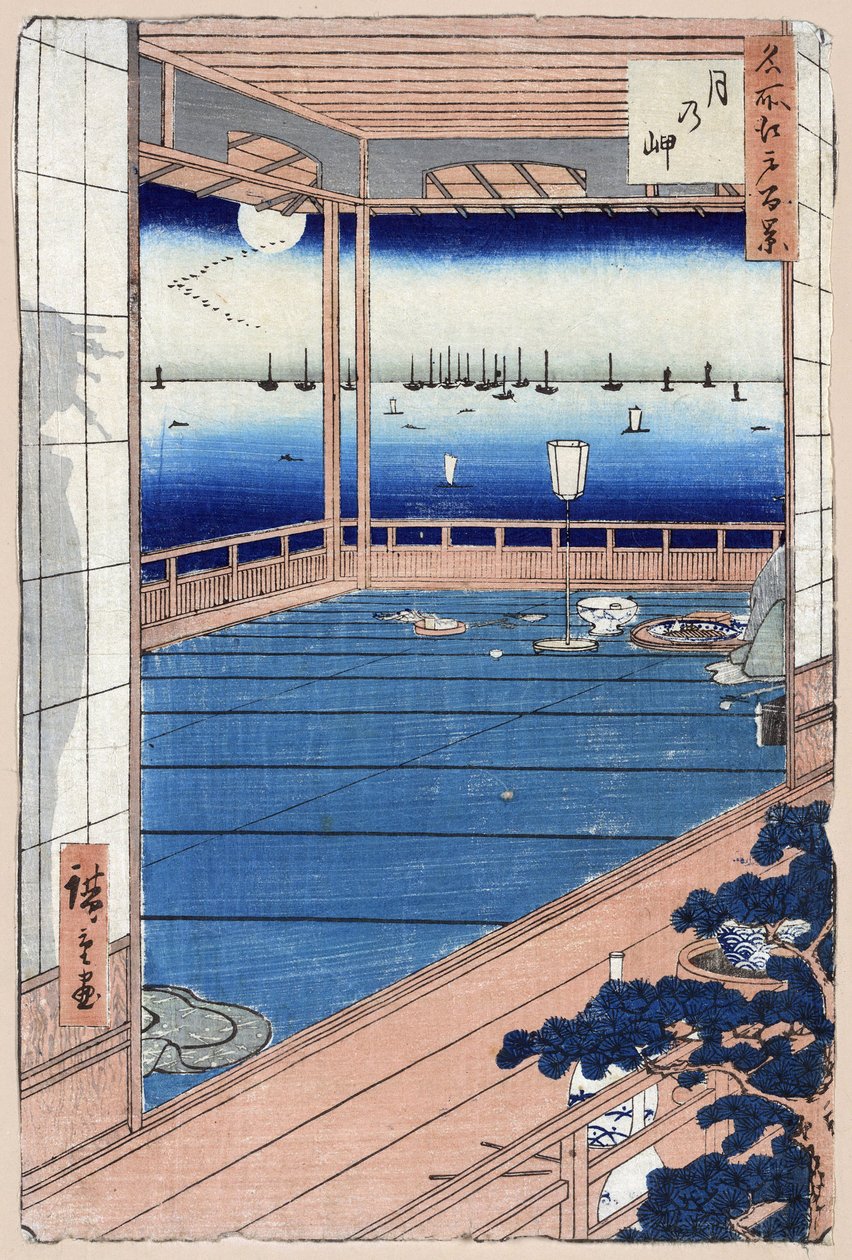 Japán nyomat: Holdfény. Sorozat száz híres nézet Edo. (Moonlight. One Hundred Famous Views Of Edo). Utagawa Hiroshige (1797-1858) alkotása, fametszet alkotó: Ando or Utagawa Hiroshige