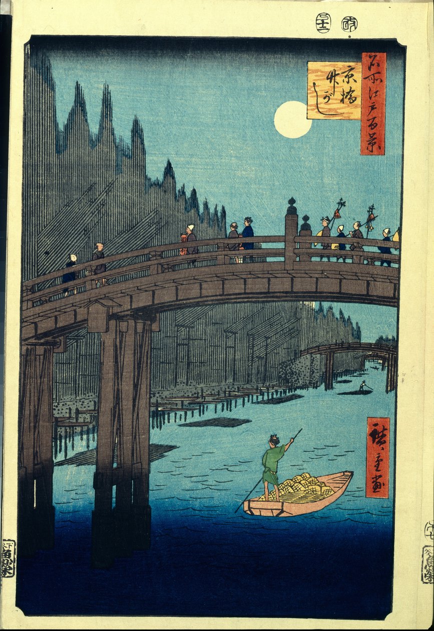 Japán fatömbnyomat: The Bamboo Wharf a Kyobashi Bridge mellett (Tokió, Japán). Sorozat száz híres nézet Edo. (Bamboo Quay a Kyobashi híd mellett, Edo száz híres kilátása). Utagawa Hiroshige (1797-1858) munkája, fametszet (39x26 cm) alkotó: Ando or Utagawa Hiroshige