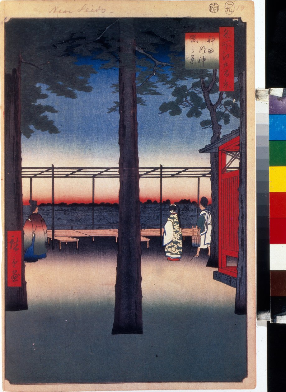 Japán fatömbnyomat: hajnal a Kanda Myojin templomban (Tokió, Japán). Sorozat száz híres nézet Edo. (Hajnal a Kanda Myojin szentélynél, Edo száz híres képe). Utagawa Hiroshige (1797-1858) munkája, fametszet (39x26 cm) alkotó: Ando or Utagawa Hiroshige