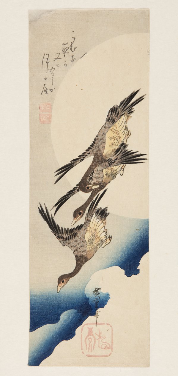 Teliholdon átrepülő libák (színes fanyomat) alkotó: Ando or Utagawa Hiroshige