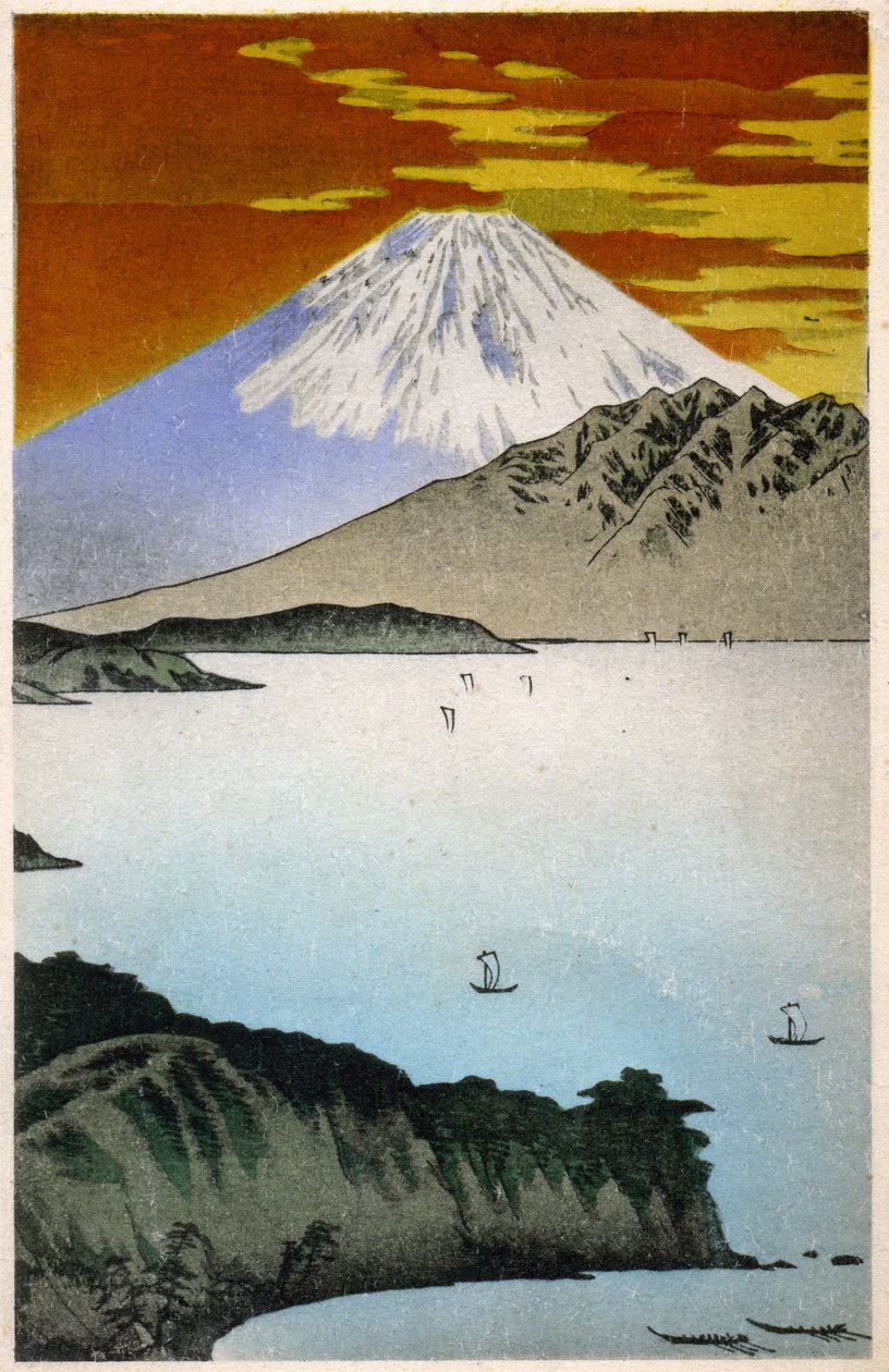 Földrajz. Japán. Napkelte a Fuji hegyen. Hiroshige fametszete in: A Tokaido ötvenhárom állomása (1833-1834). Képeslap, Japán, 1900 körül (képeslap) alkotó: Ando or Utagawa Hiroshige