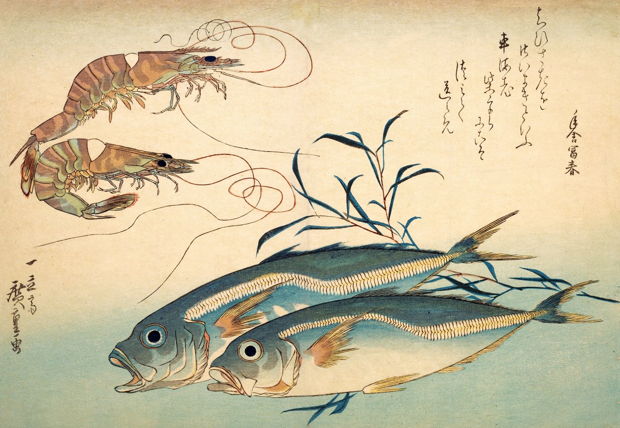 Japán fattyúmakréla és japán tigrisrák (színes fatömbnyomat) alkotó: Ando or Utagawa Hiroshige