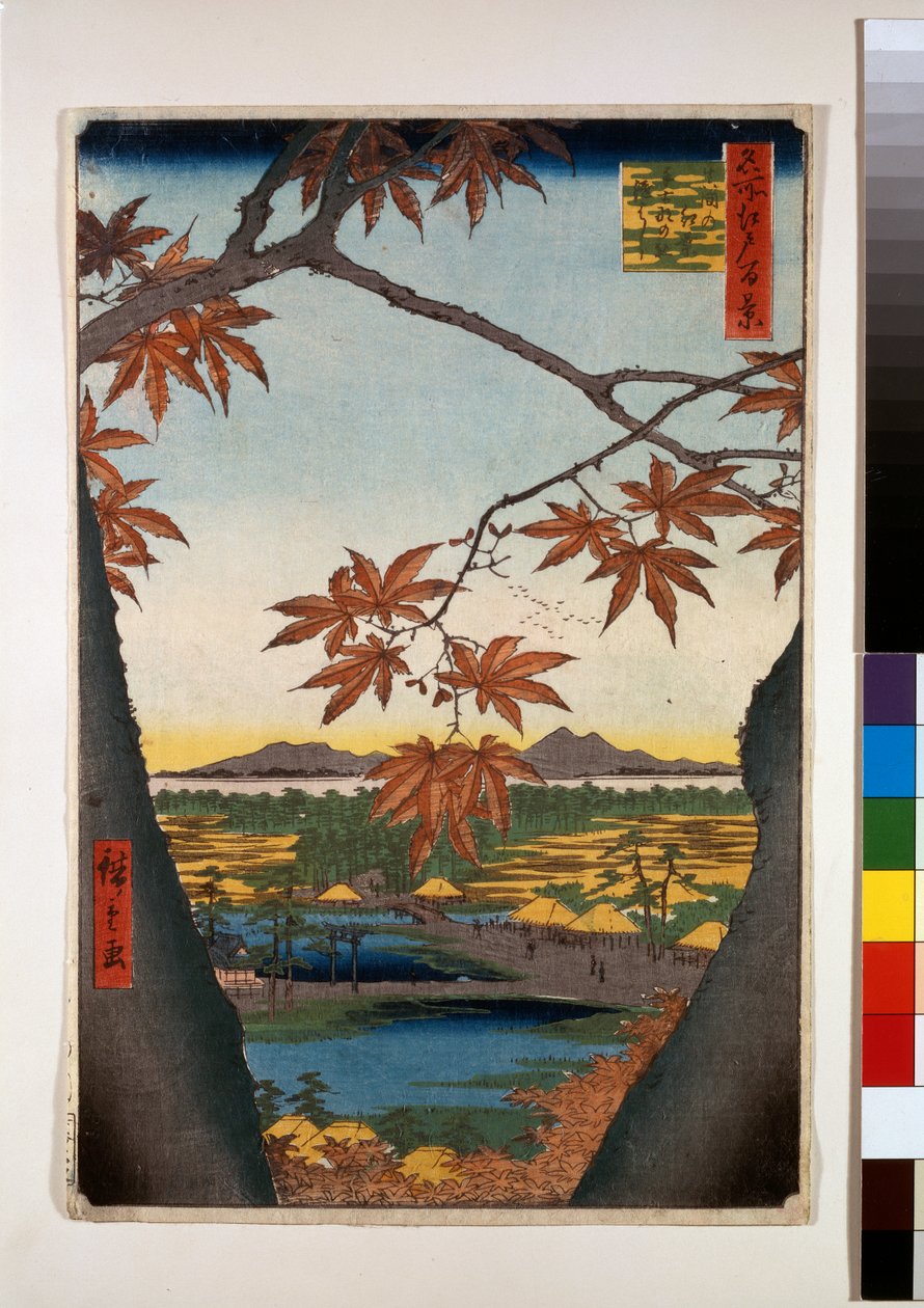 Juharfák a Mamánál, Tekona szentély, és az összekötött híd alkotó: Ando or Utagawa Hiroshige