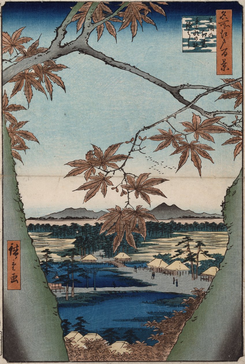 A juharlevelek és a Tekona szentély, és a mama hídja, a „Száz kilátás az Edo híres helyeiről” sorozatból alkotó: Ando or Utagawa Hiroshige