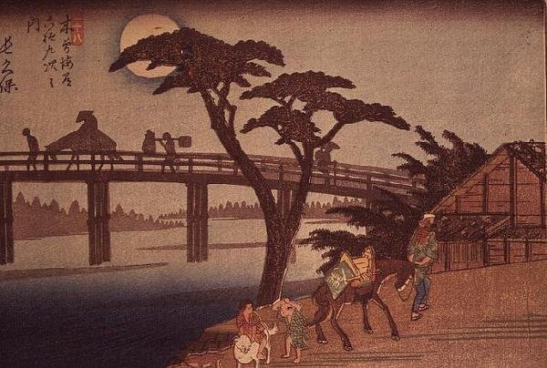 Moonlight over Nagacubo, 1840 körül (yoko-e vízszintes formátumú színes fatömbnyomat) alkotó: Ando or Utagawa Hiroshige
