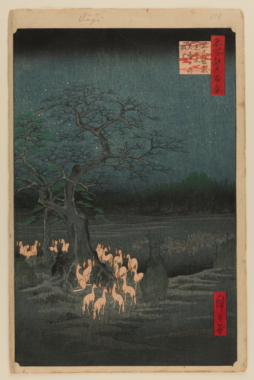 Szilveszteri rókatűz a Változó Fánál, Oji alkotó: Ando or Utagawa Hiroshige