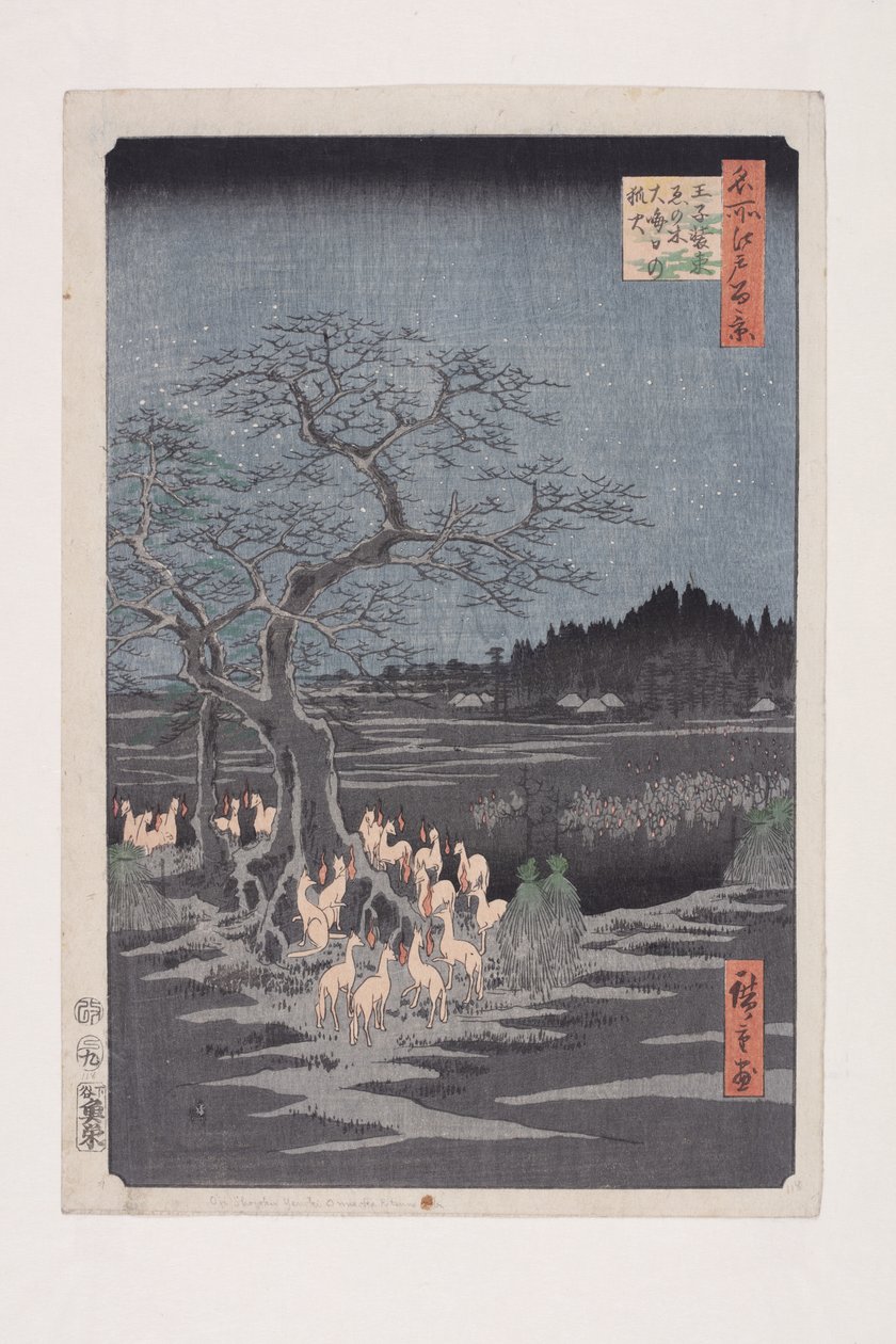 Szilveszter rókatüzek a változó fánál, ?ji (?ji Sh?zoku enoki ?misoka no kitsunebi) (színes fatömbnyomat) alkotó: Ando or Utagawa Hiroshige