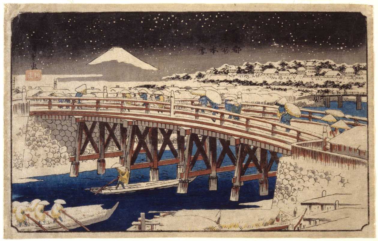 Nihonbashi In The Snow (színes fatömb nyomat) alkotó: Ando or Utagawa Hiroshige