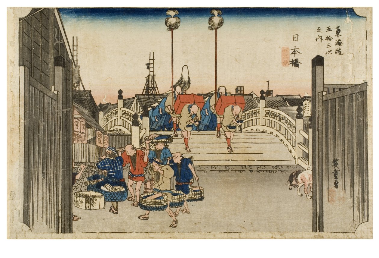 Nihonbashi: Reggeli kilátás a Tokaido ötvenhárom állomása című sorozatból, 1831-1834 körül (fatömbnyomat papíron) alkotó: Ando or Utagawa Hiroshige