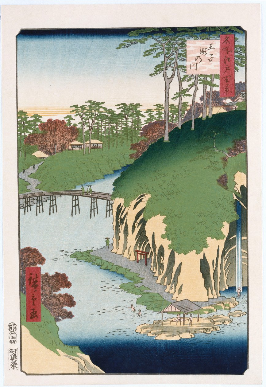Vízesések folyója, Oji", a "Száz kilátás az Edo híres helyeiről" sorozatból alkotó: Ando or Utagawa Hiroshige