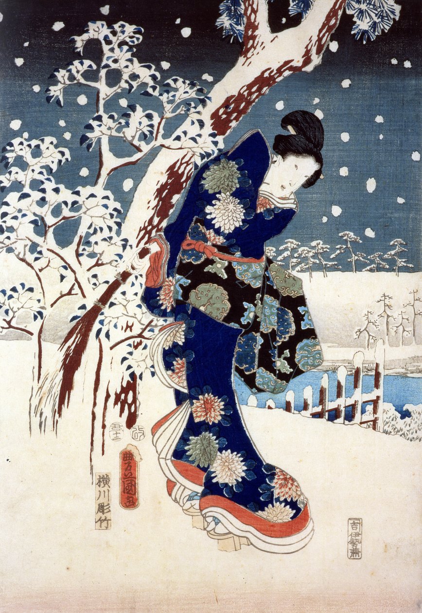 Havas jelenet egy Daimyo kertjében, a Triptichon része (selyemnyomás) alkotó: Ando or Utagawa Hiroshige