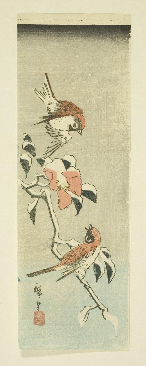 Veréb és kamélia a hóban (színes fatömbnyomat) alkotó: Ando or Utagawa Hiroshige
