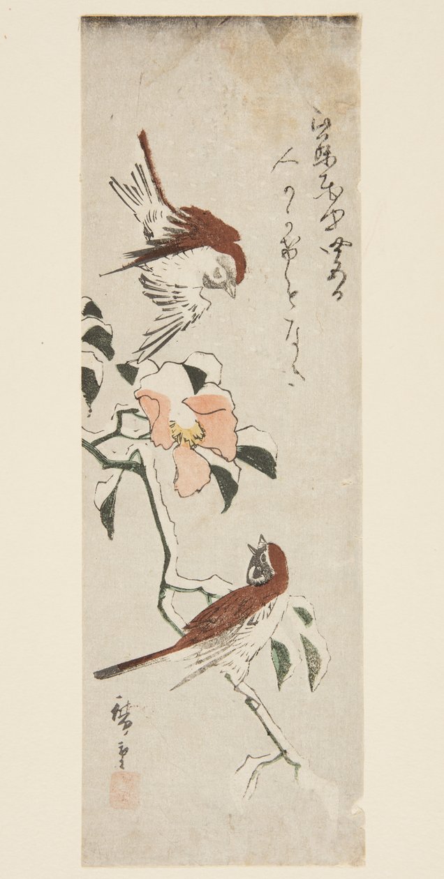 Veréb és kamélia a hóban (színes fatömbnyomat) alkotó: Ando or Utagawa Hiroshige