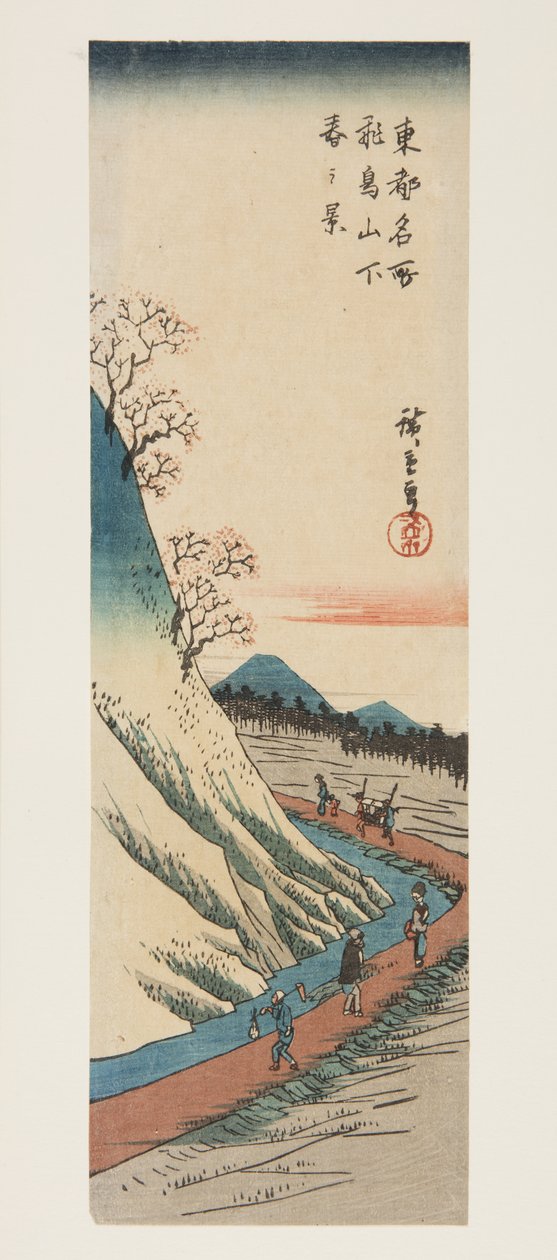 Tavaszi kilátás az Asuka-hegy lábánál (Asukayama shita haru no kei) (színes fatömbnyomat) alkotó: Ando or Utagawa Hiroshige