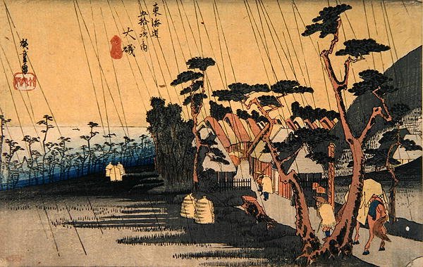 Sudden Shower, Oiso, „A Tokaido Highway ötvenhárom állomása” sorozatból, 1833-34 körül (színes fatömbnyomat) alkotó: Ando or Utagawa Hiroshige