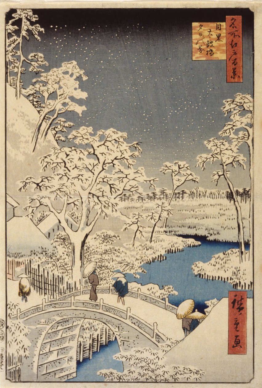 Taiko híd és naplemente domb Meguroban (színes fatömbnyomat) alkotó: Ando or Utagawa Hiroshige