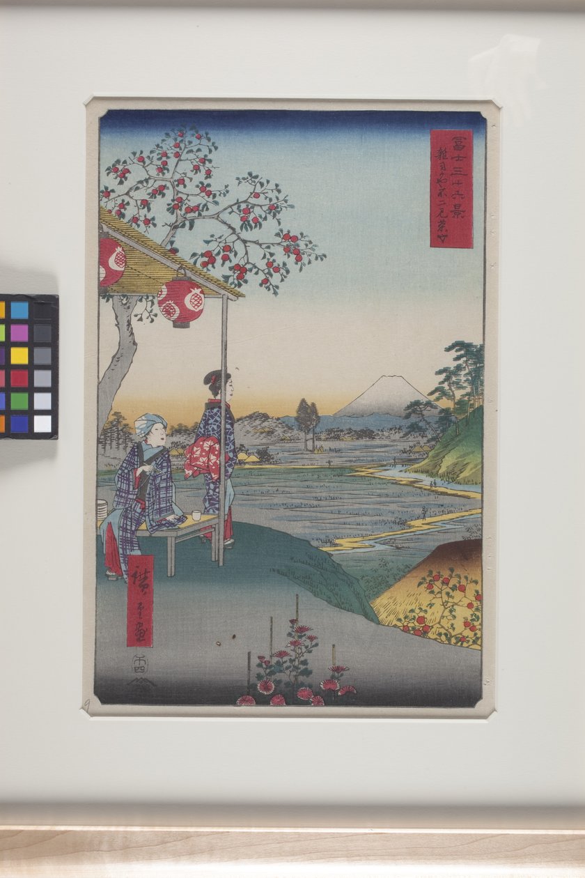 Teaház kilátással a Fuji-hegyre Z?shigayában (Z?shigaya Fujimi Chaya) (színes fatömbnyomat) alkotó: Ando or Utagawa Hiroshige