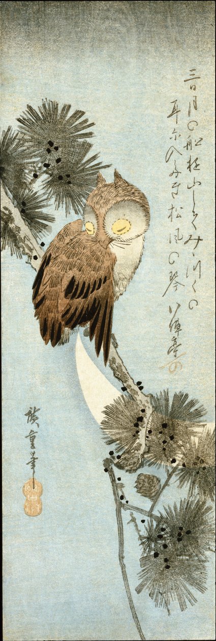 A félhold és a bagoly fenyőágakon ült alkotó: Ando or Utagawa Hiroshige