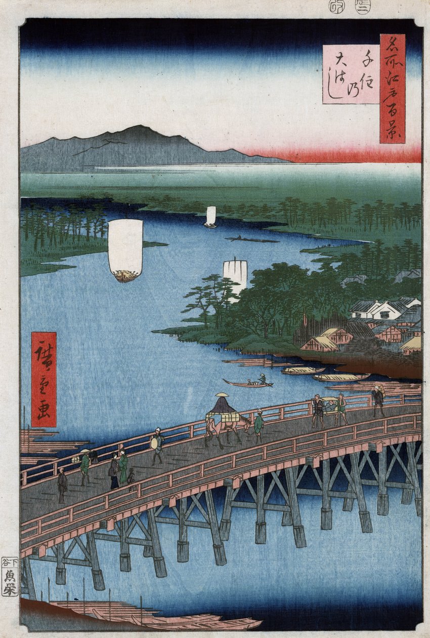 A Sumida folyón átívelő Senju nagy hídja hegyekkel a háttérben, Ando Hiroshige fametszete alkotó: Ando or Utagawa Hiroshige