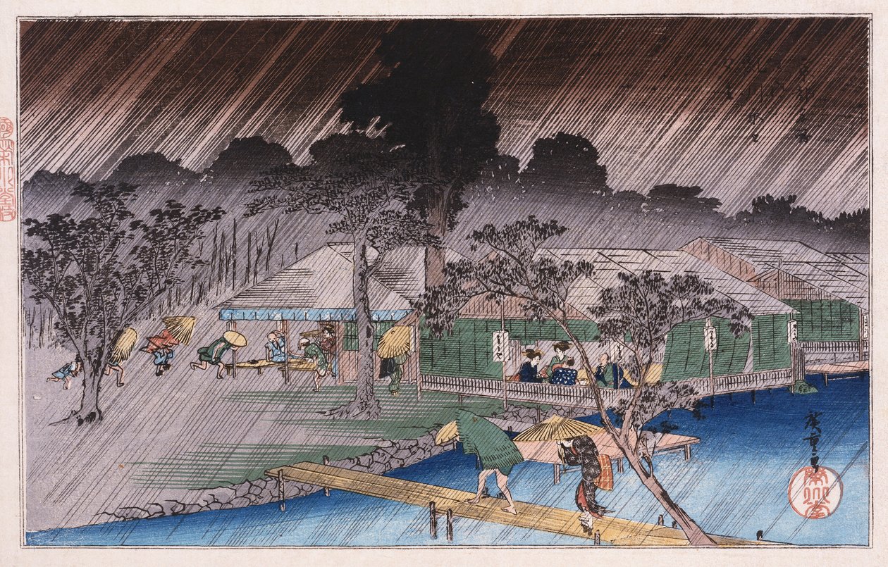 Alkony zuhany a Tadasu Banknál", a "Kiotó híres helyek" sorozatából, Ando Hiroshige alkotó: Ando or Utagawa Hiroshige