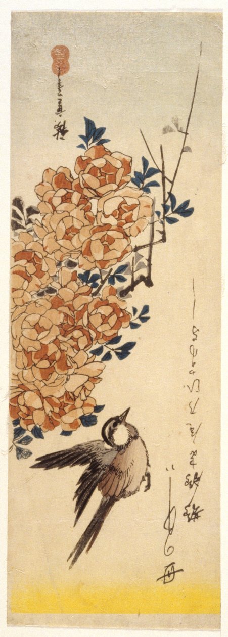 Wagtail and Roses (színes fatömbnyomat) alkotó: Ando or Utagawa Hiroshige