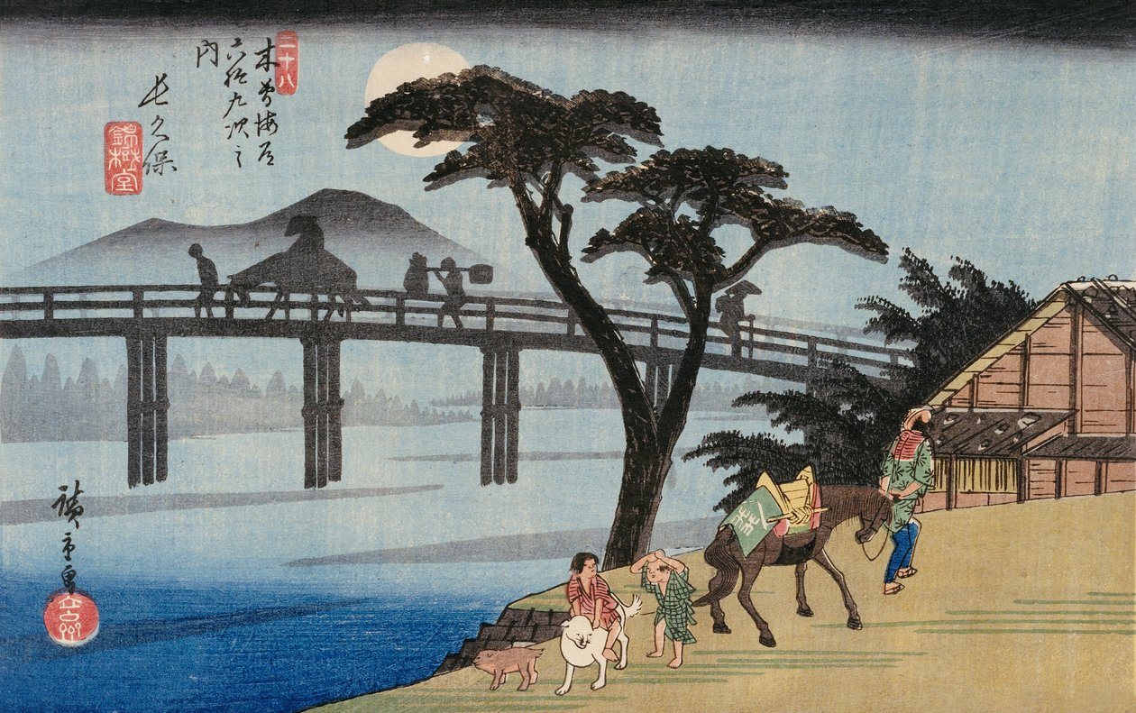 Fűzfa Shimabara kijáratánál, illusztráció a "Kiotó híres helyeiből" alkotó: Ando or Utagawa Hiroshige