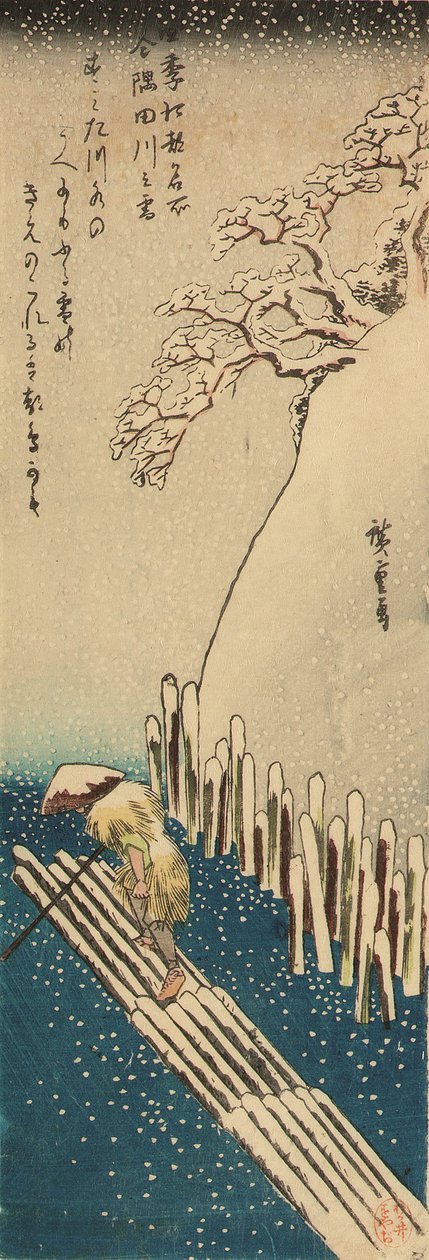 Téli hó a Sumida folyón, a Híres helyek Edóban a négy évszakban sorozatból (fametszet) alkotó: Ando or Utagawa Hiroshige