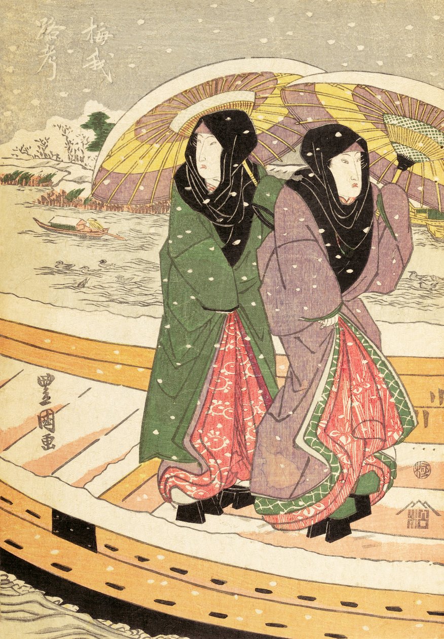 Nők sétálnak át a hídon a hóban, 1848 körül (színes fatömbnyomat) alkotó: Ando or Utagawa Hiroshige