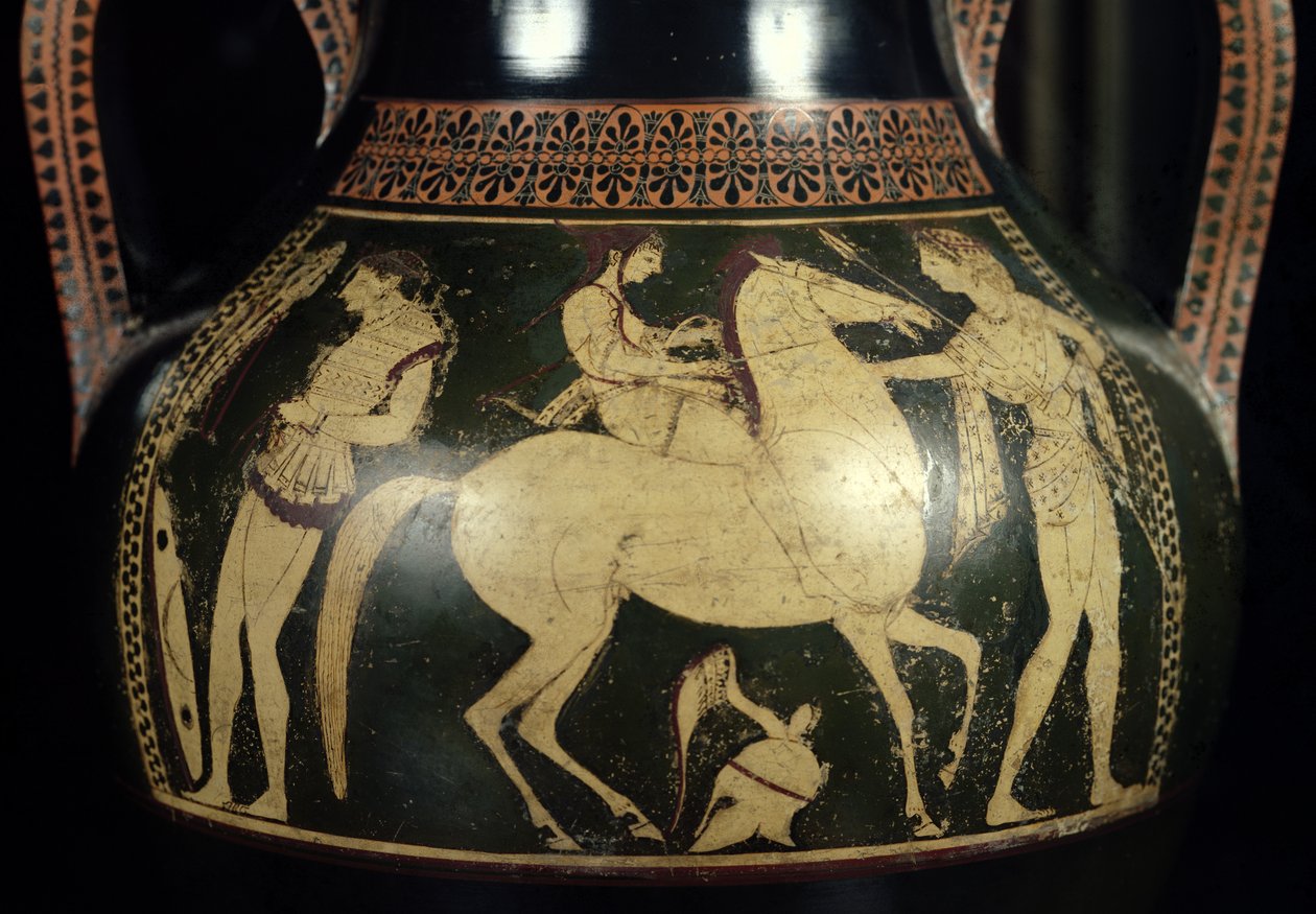 Csatára készülő amazonokat ábrázoló padlástéri fehér alakos amfora, ie 525-520 körül (kerámia) (részlet) alkotó: Andokides Painter