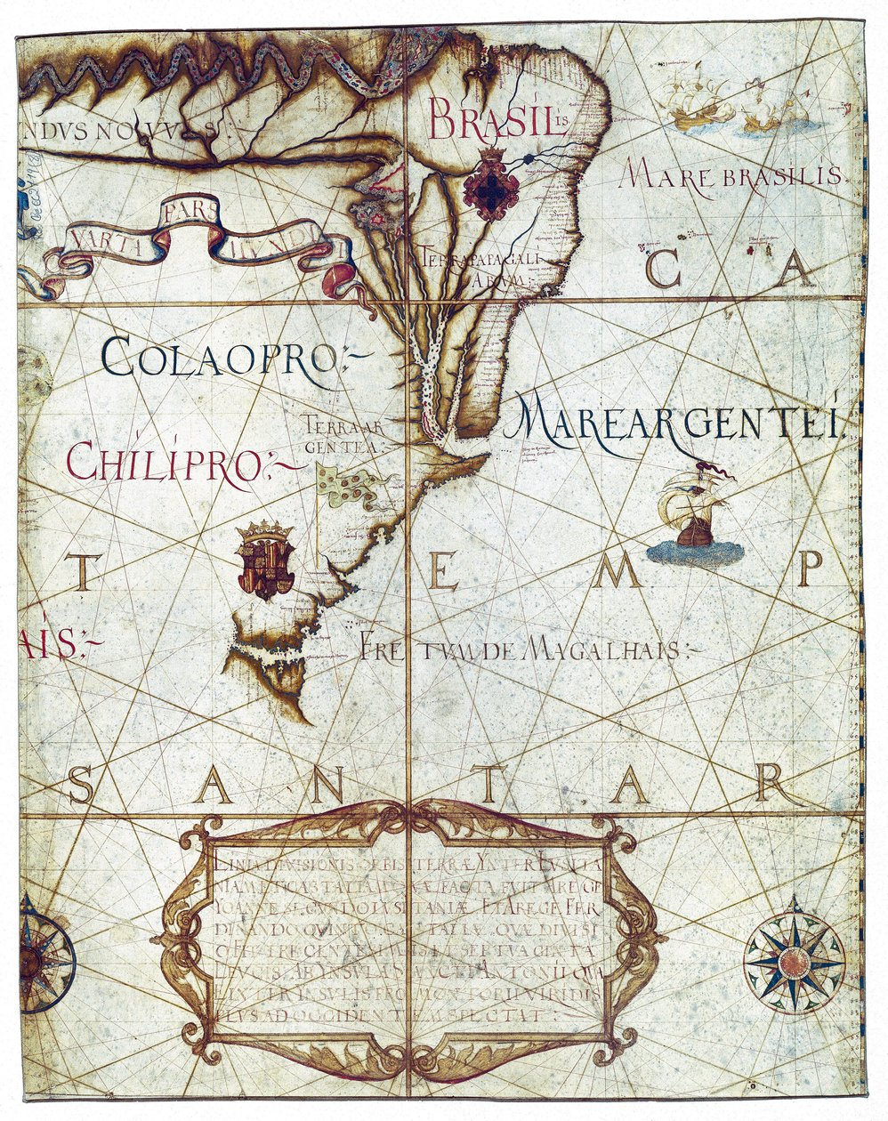 Dél-Amerika térképe, az Universában és a Navigabilis Totius Terrarum Orbis Descriptio 1559-ben (színes kézirat) alkotó: André Homem