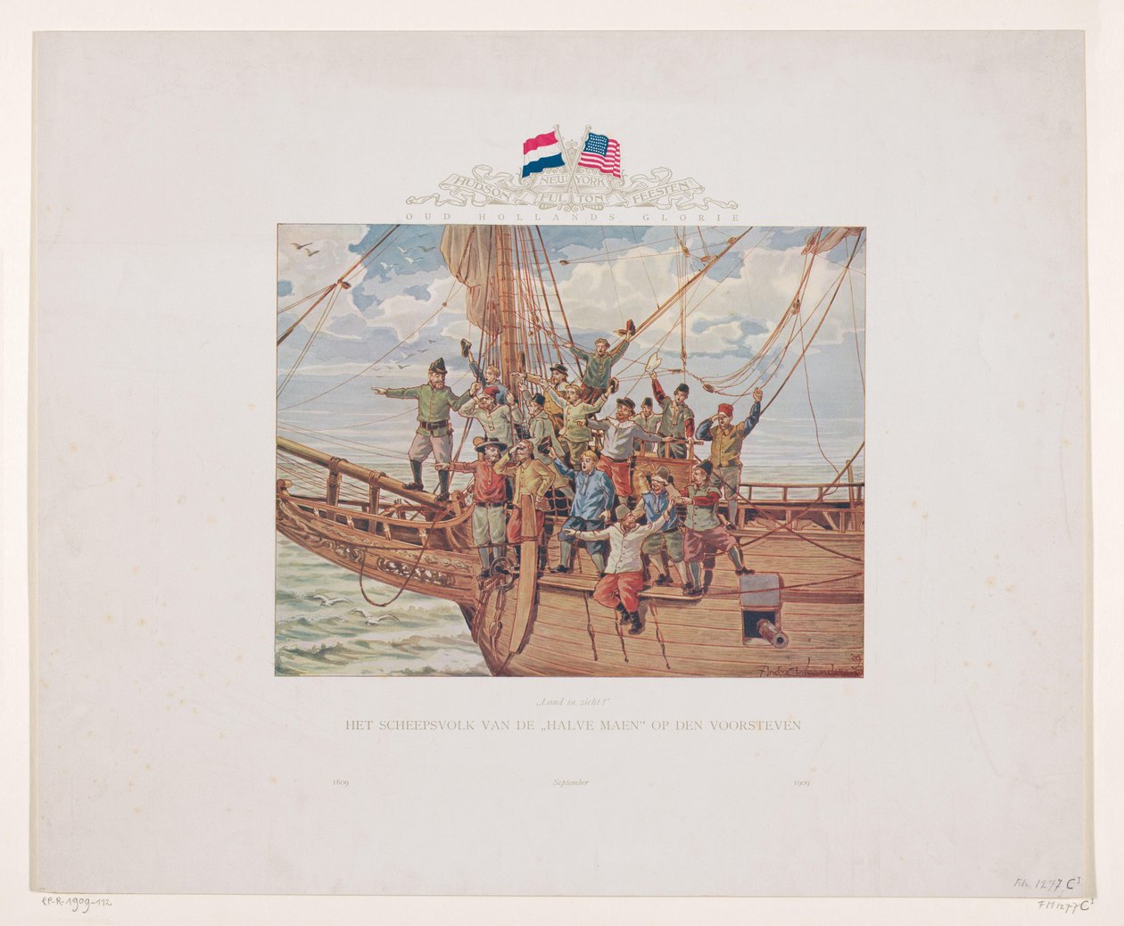 Henry Hudson hajója, a Halve Maen, közeledik az észak-amerikai partokhoz, 1609 Látványban a föld! A Halve Maen hajós népe az orron (cím az objektumon) alkotó: André Vlaanderen
