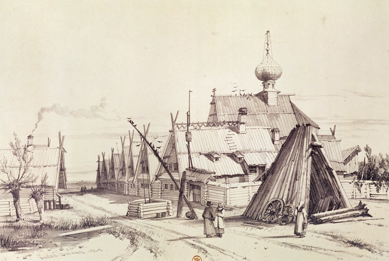 Falu útban Moszkva felé, illusztráció a "Voyage pittoresque en Russie" című könyvből, 1839. alkotó: Andre Durand