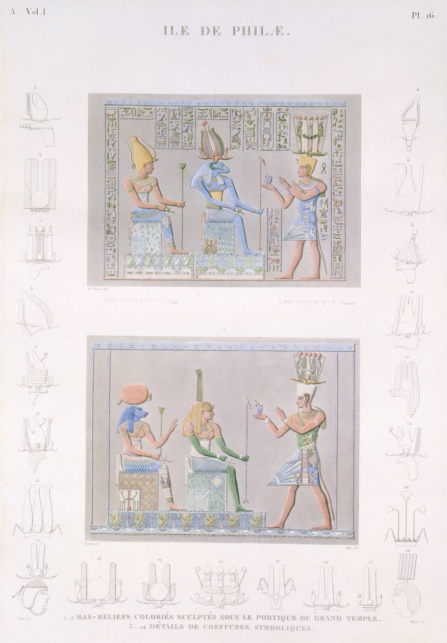 Színes alapdomborművek a Nagytemplom karzatán, a szimbólumok részleteivel, Philae szigete, „Descriptions of Egypt” I. kötetének 16. táblája, vésett Allais, 1822 (akvatinta) alkotó: Andre Dutertre