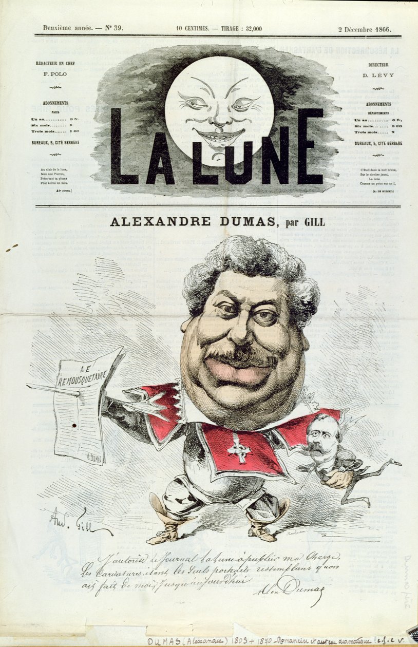 Alexandre Dumas pere (1803-70) mint testőr karikatúrája a „La Lune” magazin címlapjáról, 1866. december 2. alkotó: Andre Gill