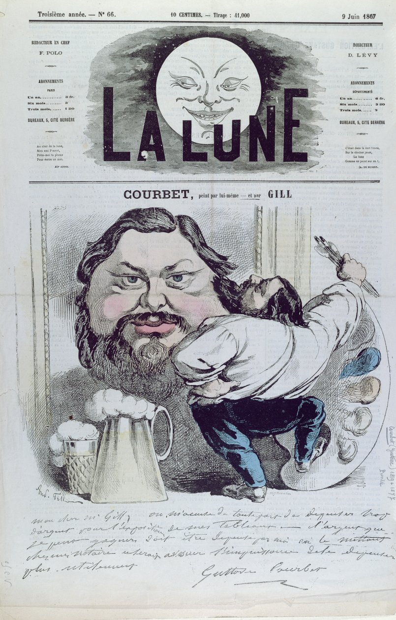Gustave Courbet (1819-77) önarcképe előtt, borítóillusztráció a „La Lune” magazinból, 1867. június 9. alkotó: Andre Gill