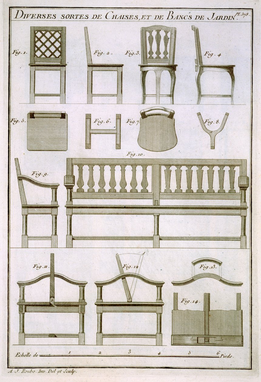 Tervek faszékekhez és padokhoz a kertbe, a LArt du Menuisier kocsmától. 1769-74 alkotó: Andre Jacob Roubo