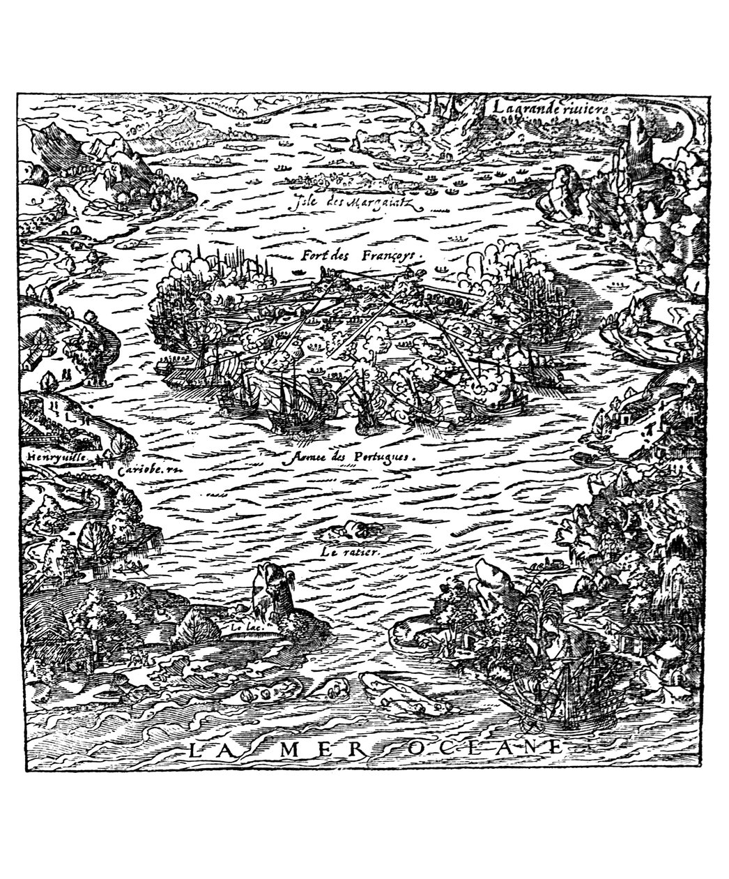 Villegagnon erődjének elfoglalása a „La Cosmographie universelle”-ből, Andre Thevet, 1560 körül alkotó: Andre Thevet