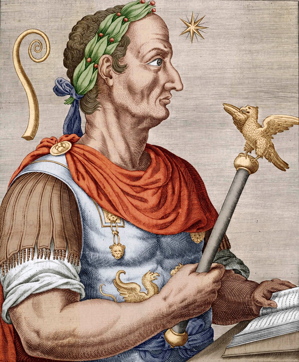 Julius Caesar, „Igaz portréi és híres férfiak élete” című filmből (színes metszet) alkotó: Andre (after) Thevet