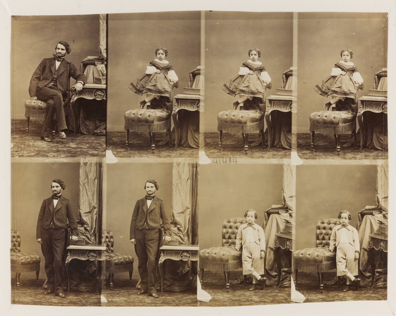 Portrék ülő 41494: Doktor Magnan és fia és lánya, 1861 körül (albumnyomat (8 vágatlan névjegykártya)) alkotó: Andre Adolphe Eugene Disderi