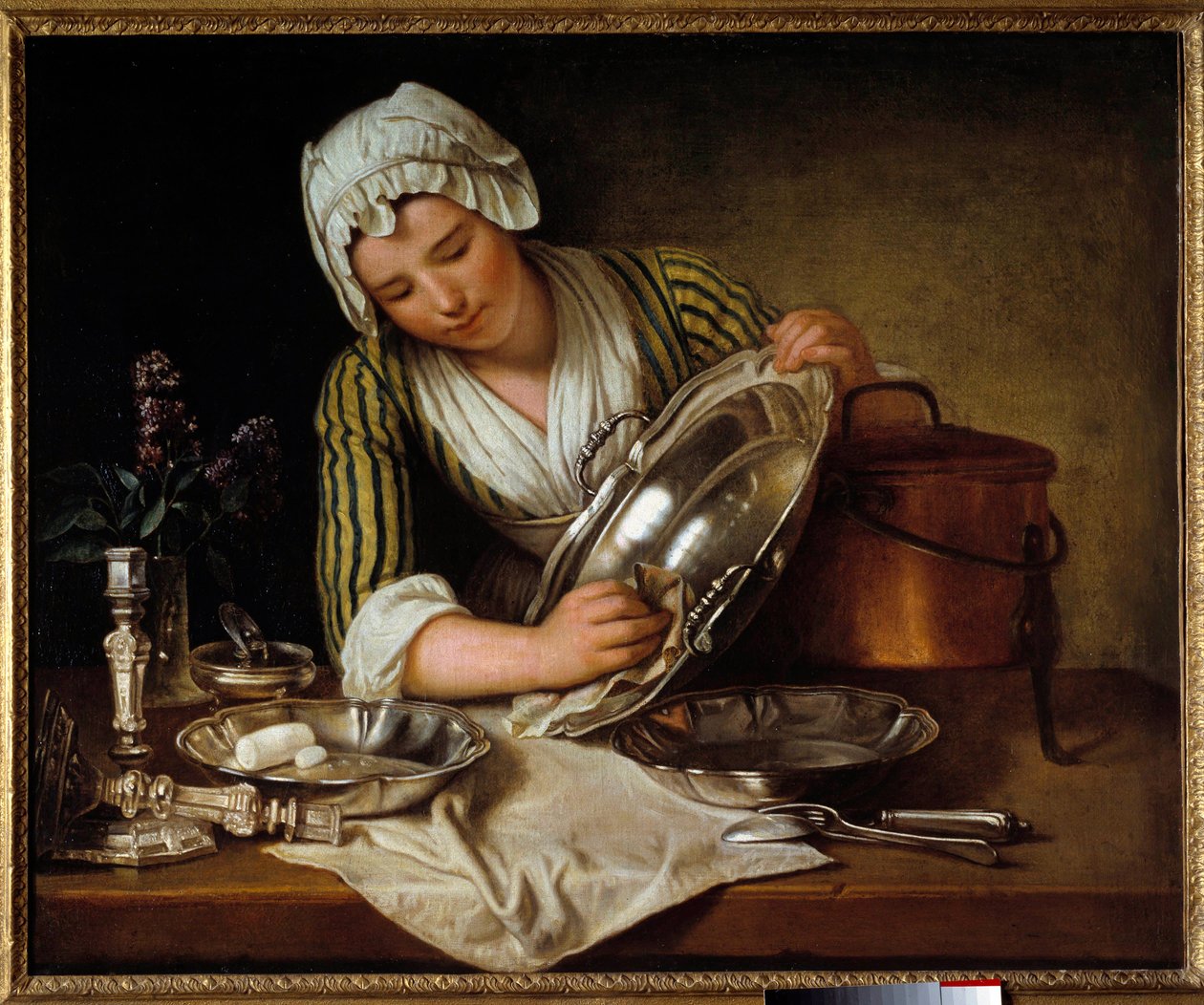Servante asticant a dish vagy "" La recureuse"" Andre Bouys (1656-1740) festménye, 1737 Párizs, Dekoratív művészetek – Háziszolga, aki az ezüstöt csiszolja (vagy "La Recureuse"). Andre Bouys festménye (1656-1740) alkotó: Andre Bouys