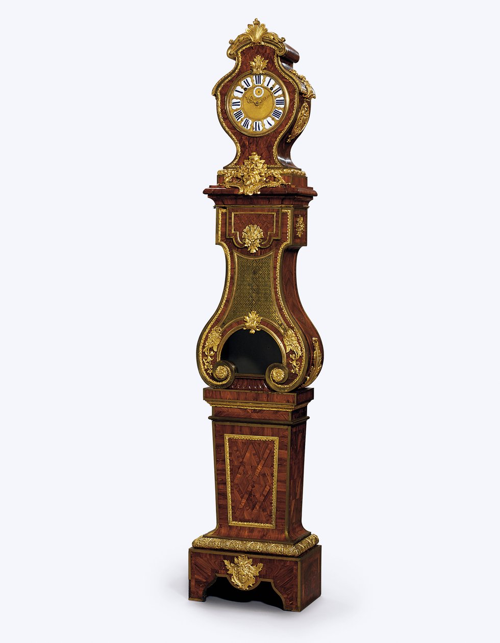 Regency ormolura szerelt negyedóra, 1720 körül (ormolu, sárgaréz berakás, színezett kürt és királyfa) alkotó: Andre Charles (attr. to) Boulle