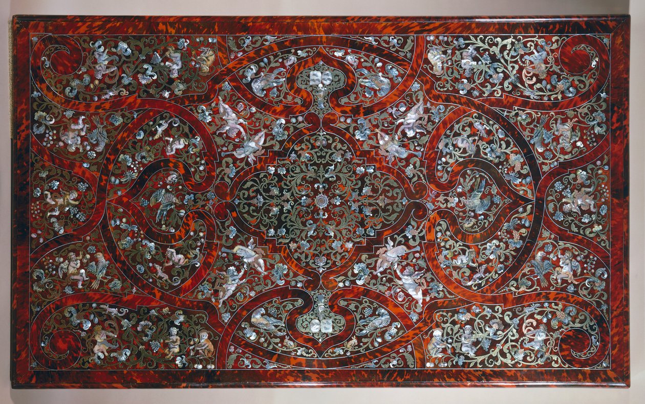 Andre-Charles Boulle stílusában kirakott felső, faragott és aranyozott asztal részlete, P van Loose és M Verbiest, Hollandia alkotó: Andre Charles Boulle