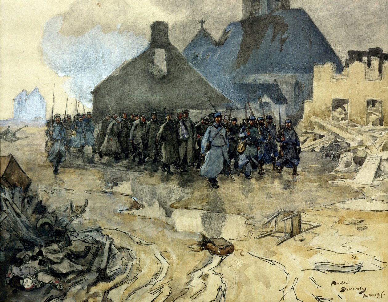 Első világháború: az őrjárat visszatérése, 1915. július (eau forte) alkotó: Andre Devambez