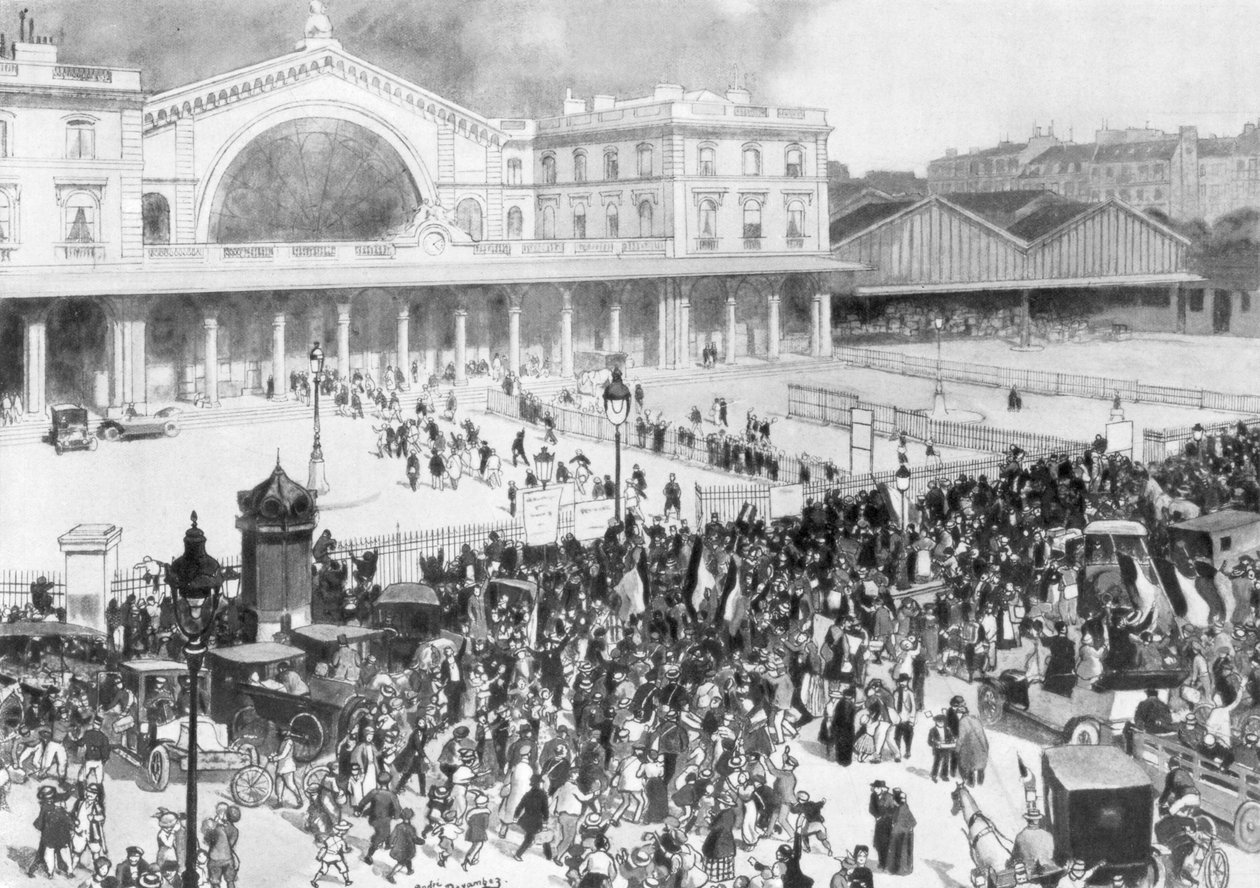A Gare de lEst pályaudvar a mozgósítás időszakában, Párizs, Franciaország, 1914. alkotó: Andre Devambez