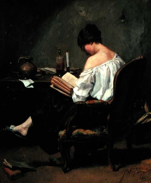 Gyertyafénynél olvasó lány alkotó: Andre Fontaine