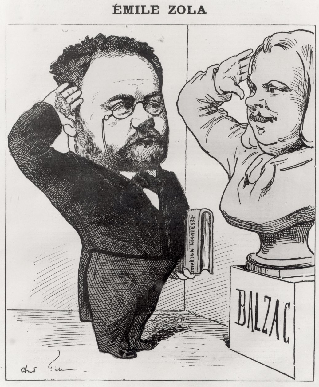 Emile Zola (1840-1902) karikatúrája, tisztelgés egy mellszobra előtt (1799-1850) 1878 alkotó: Andre Gill
