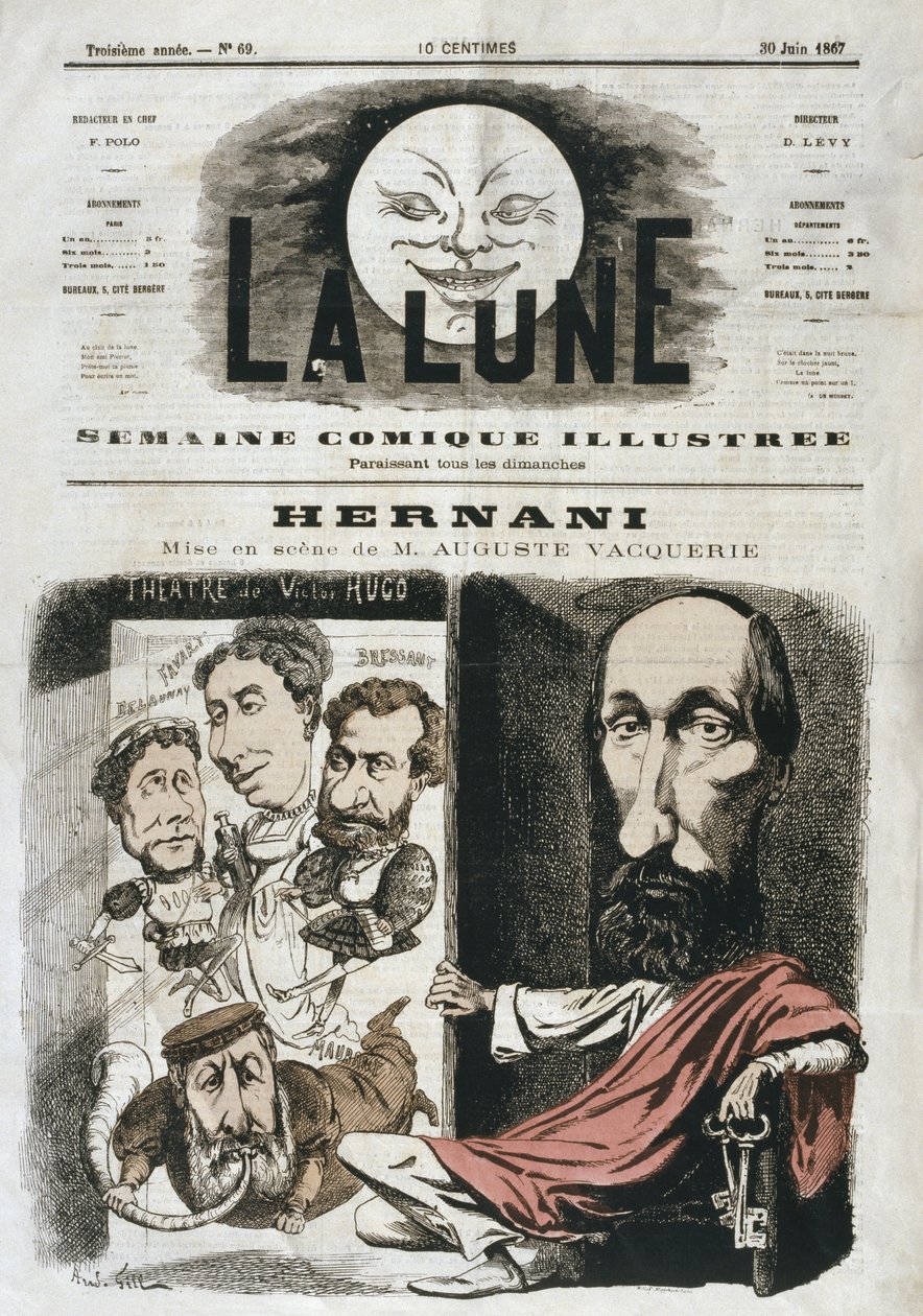 A Victor Hugo által írt és Auguste Vacquerie által rendezett "Hernani" karikatúrája, illusztráció a "La Lune" címlapjáról, 1867. június 30. alkotó: Andre Gill