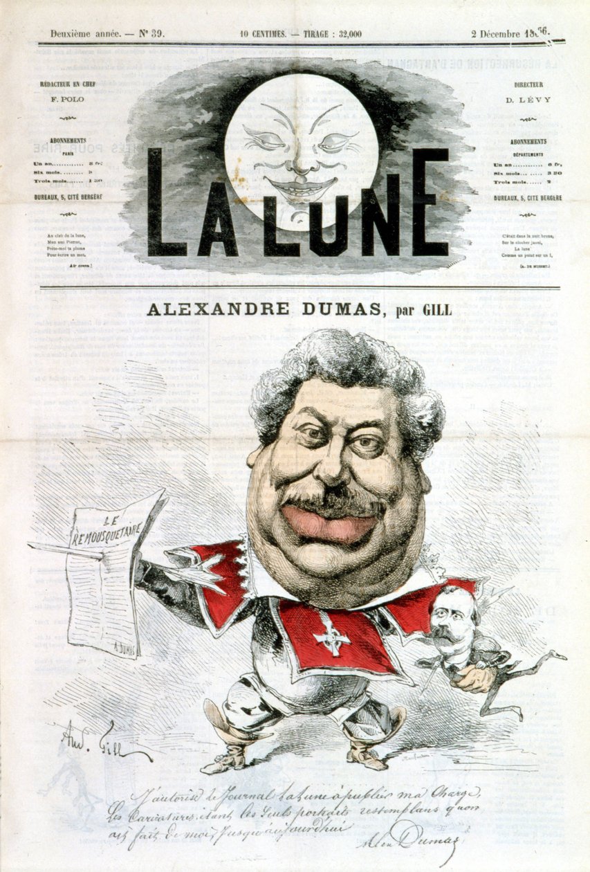 Alexandre Dumas rajzfilmje és autogramja – Gill a „La Lune” című filmben, 1866.12.02. alkotó: Andre Gill