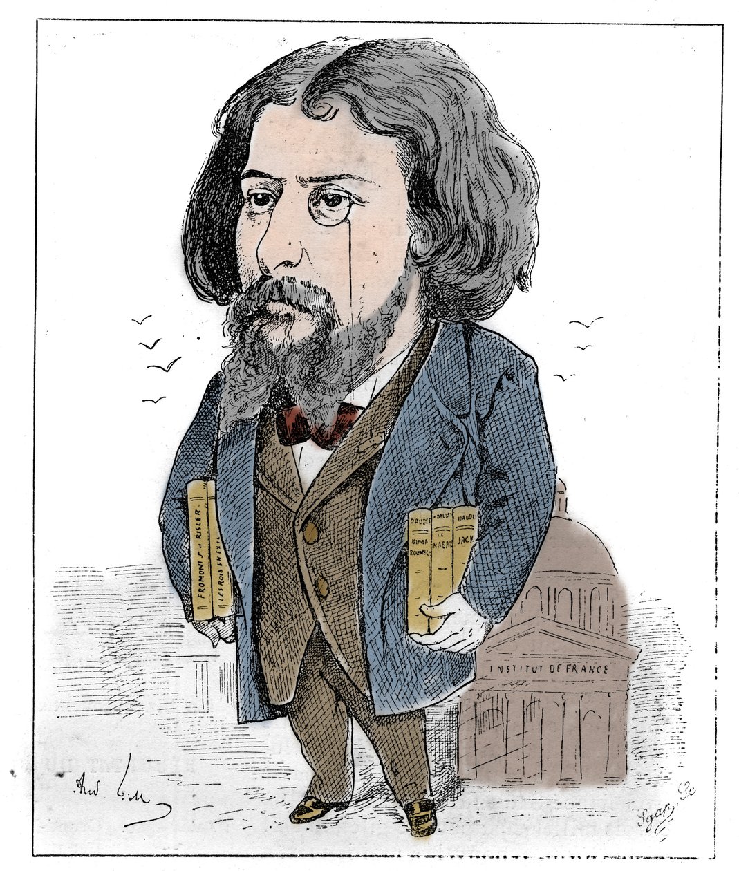 Alphonse Daudet (1840-1897) francia író rajzfilmje könyveivel és monoklijával képviselte magát a párizsi Institut de France előtt. Andre Gill rajza. Metszet a „” Le Monde Illustré”-ben alkotó: Andre Gill